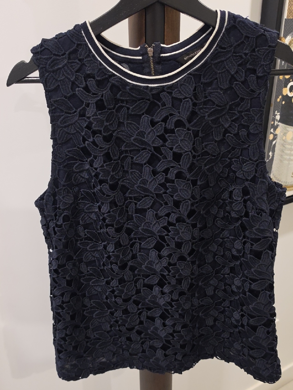 Banana Republic Navy Floral Lace Tank with Contrast Trim
